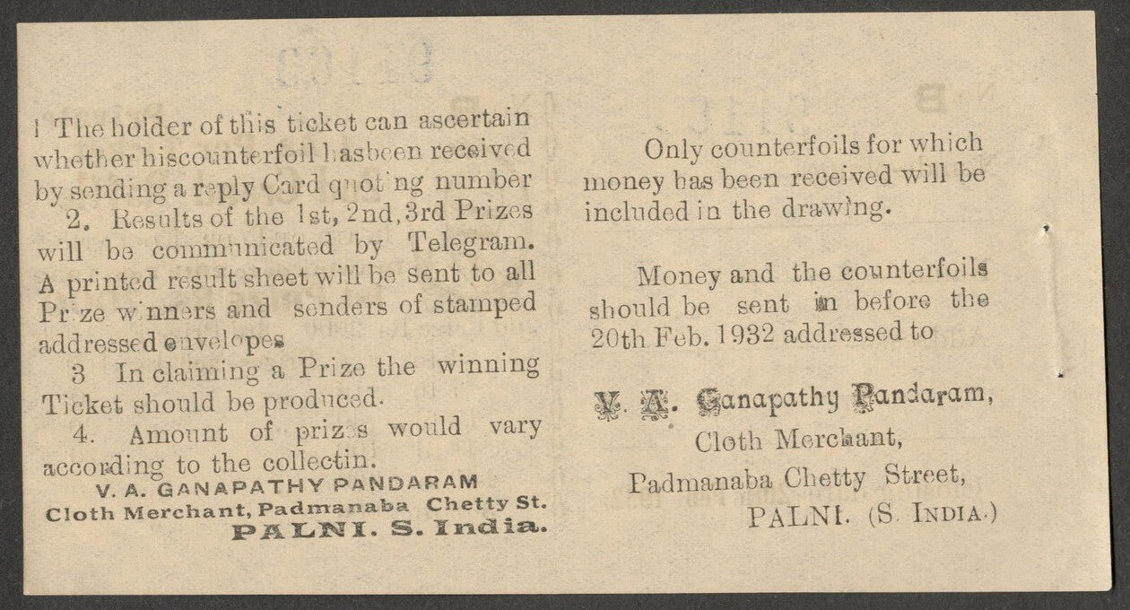 (AOP) India GANDHI 1932 4a Grand Raffle ticket