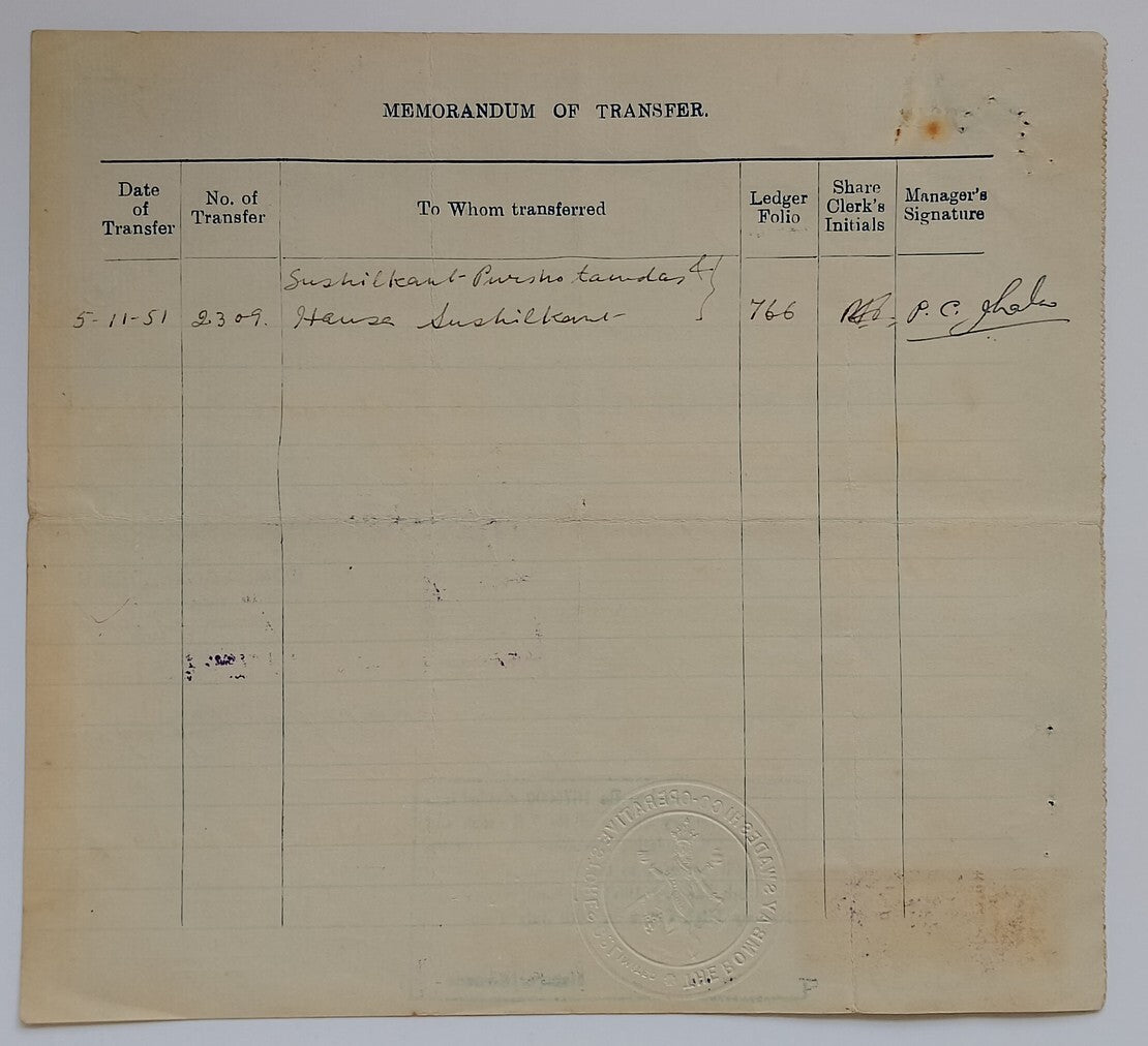 India THE BOMBAY SWADESHI COOPERATIVE STORES 1947 share certificate