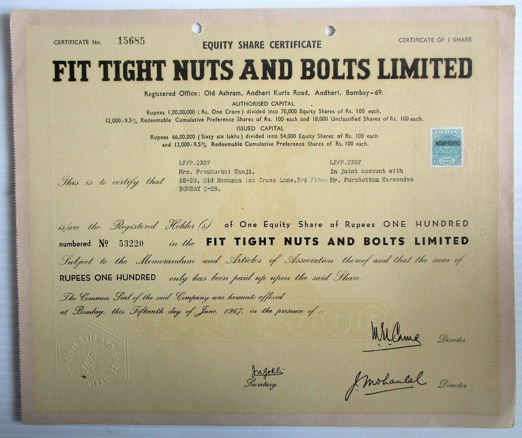 India Fit Tight Nuts & Bolts Ltd. 1967 share certificate