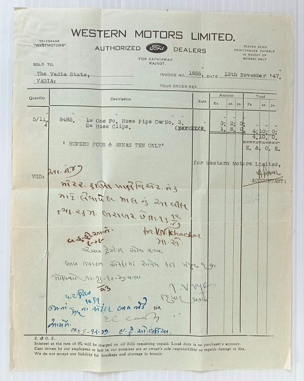 AOP Western Motors FORD Rajkot 1947 billhead India