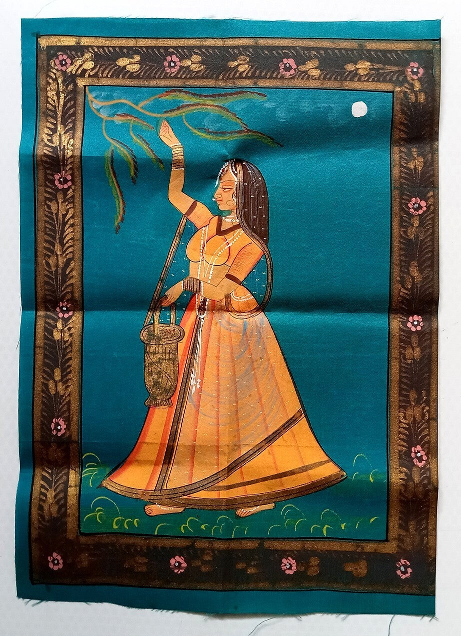 India vintage hand painting on cloth INDIAN GIRL 10 x 13 inches