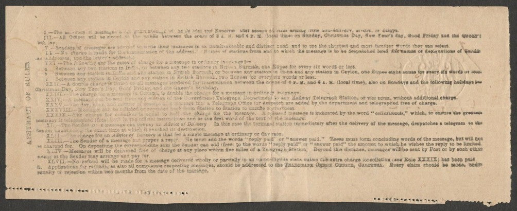 (AOP) India QV embossed GOVERNMENT OF INDIA telegraph receipt
