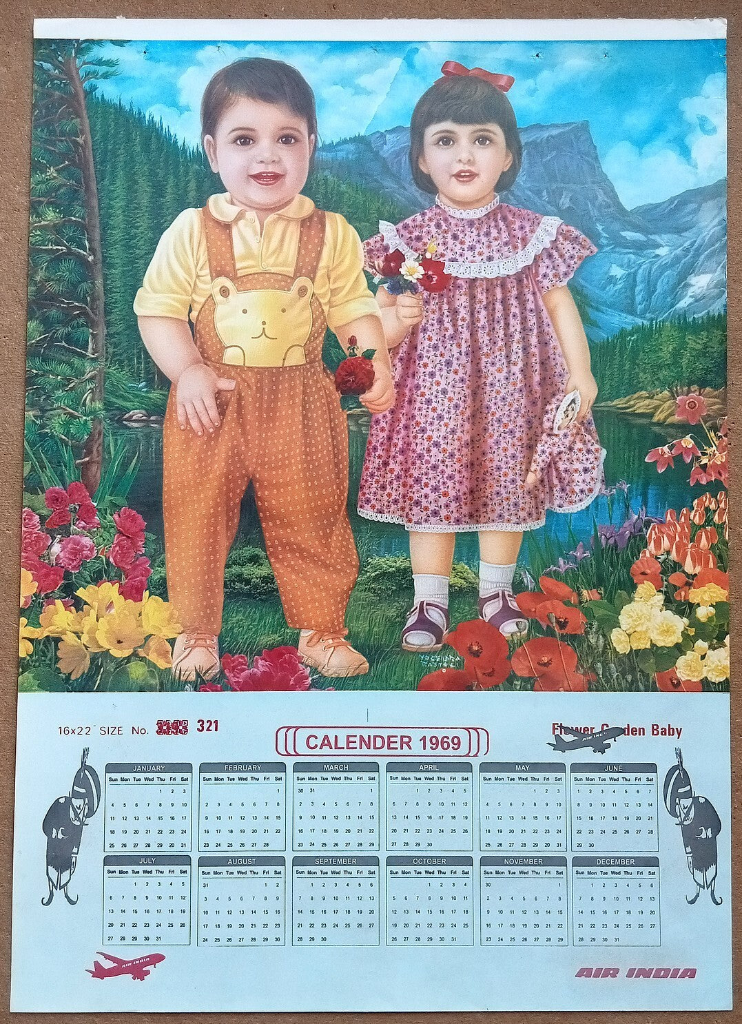 AIR INDIA 1969 poster calender 321 - FLOWER GARDEN BABY - ARTIST : YOGENDRA RAST
