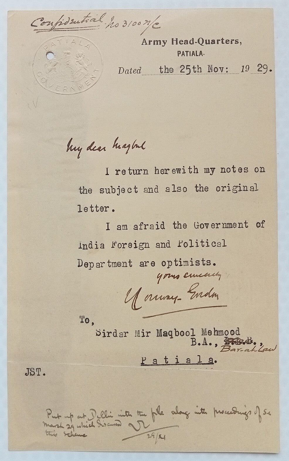 PATIALA STATE ARMY HEAD-QUARTERS letterhead 1929 India