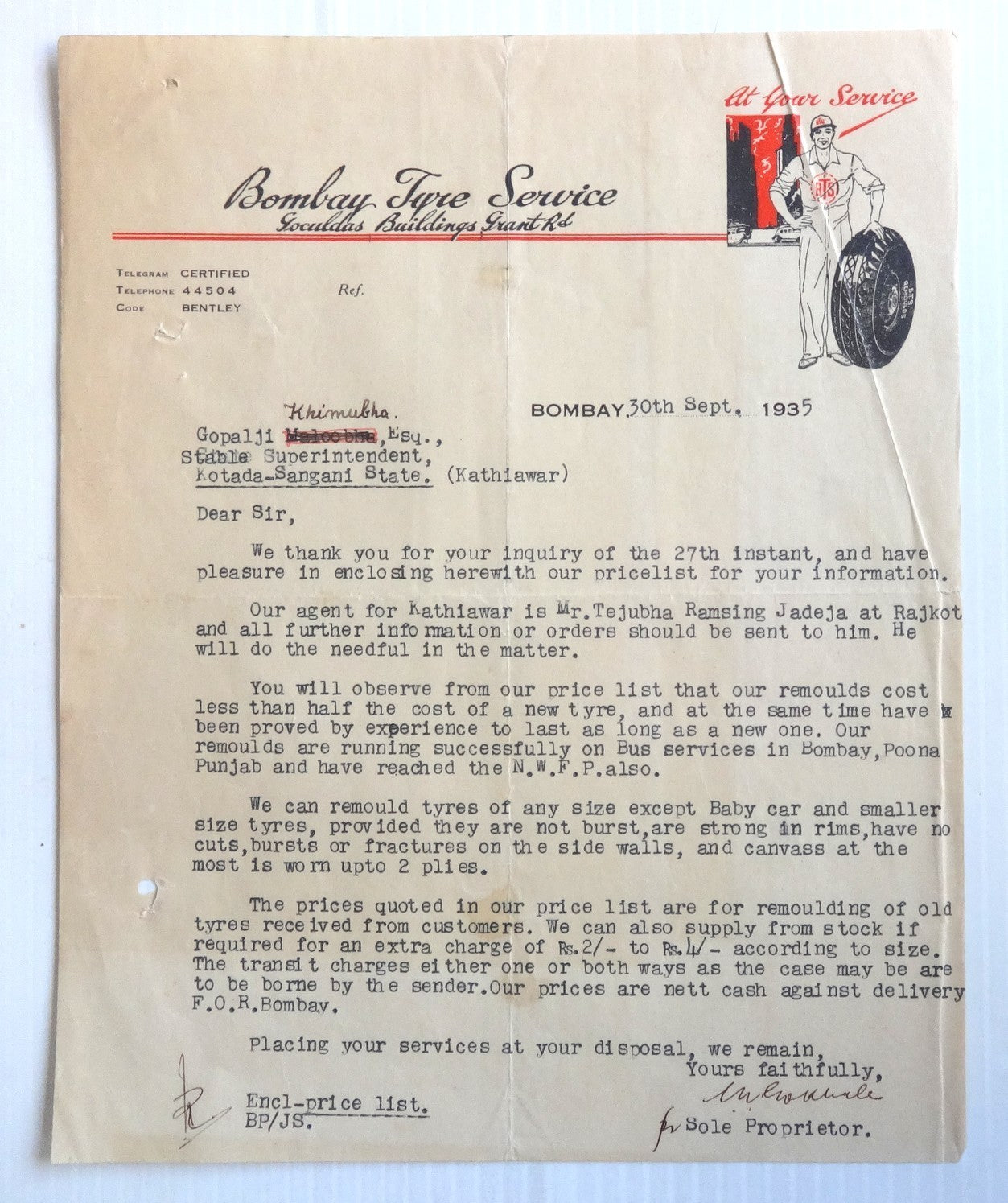 India 1935 illustrated letterhead Bombay Tyre Service Bombay