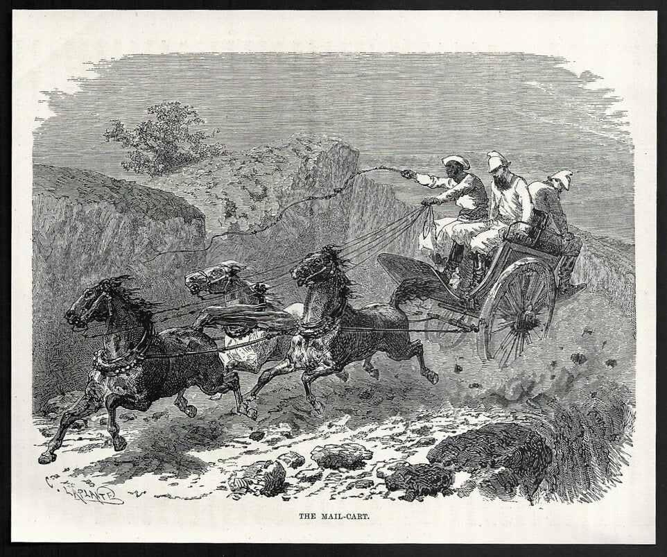 India THE MAIL-CART engraved print ex libris Rousslet 1876 7"x6"