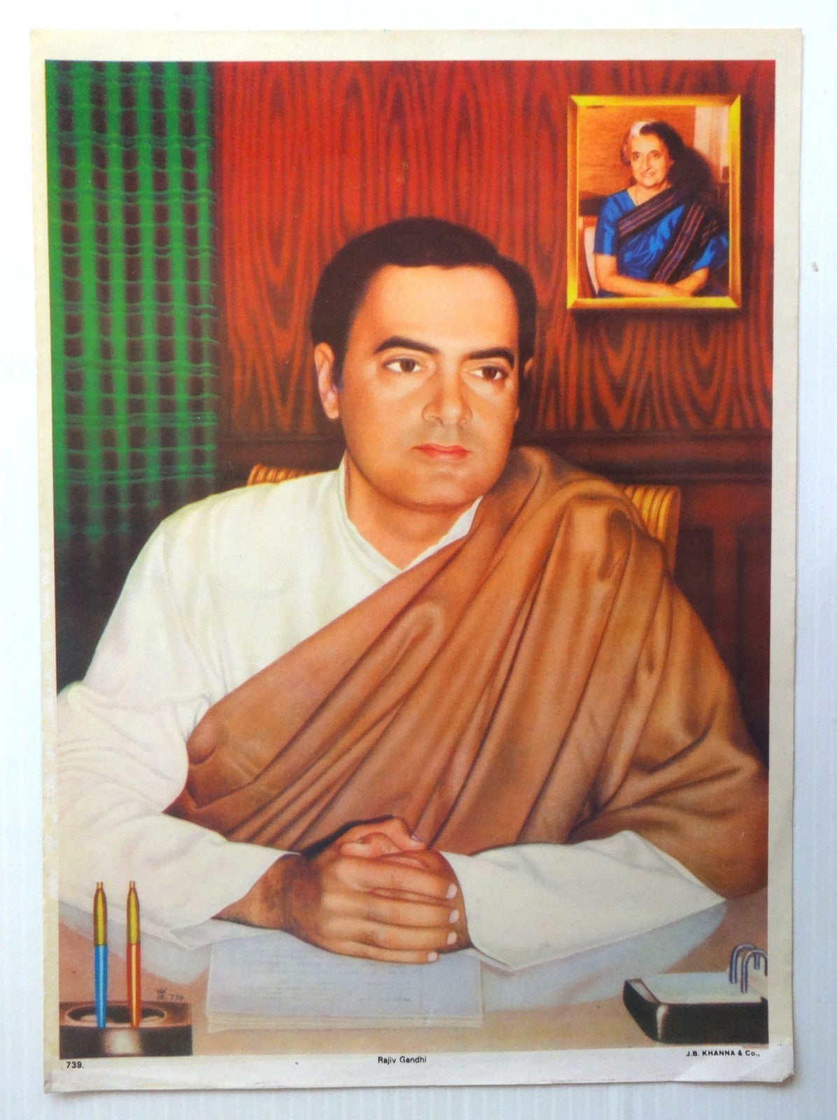 India vintage Patriotic poster RAJIV GANDHI INSET INDIRA GANDHI, J.B. KHANNA 9.7