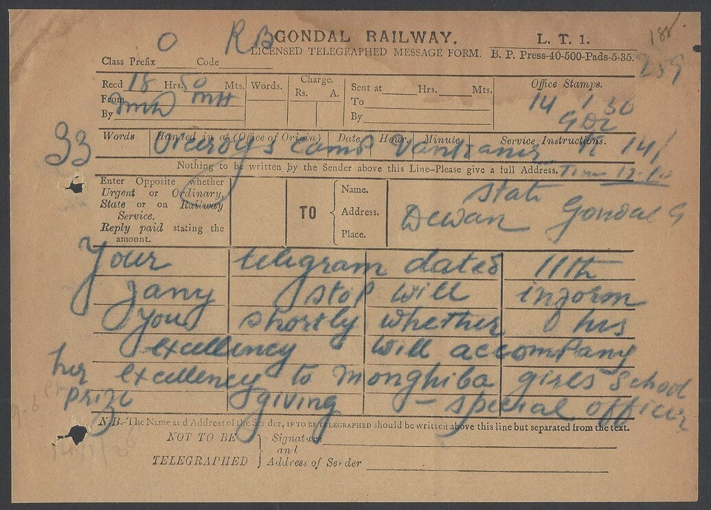 India 1936 Viceroy’s Camp Wankaner OSD telegram