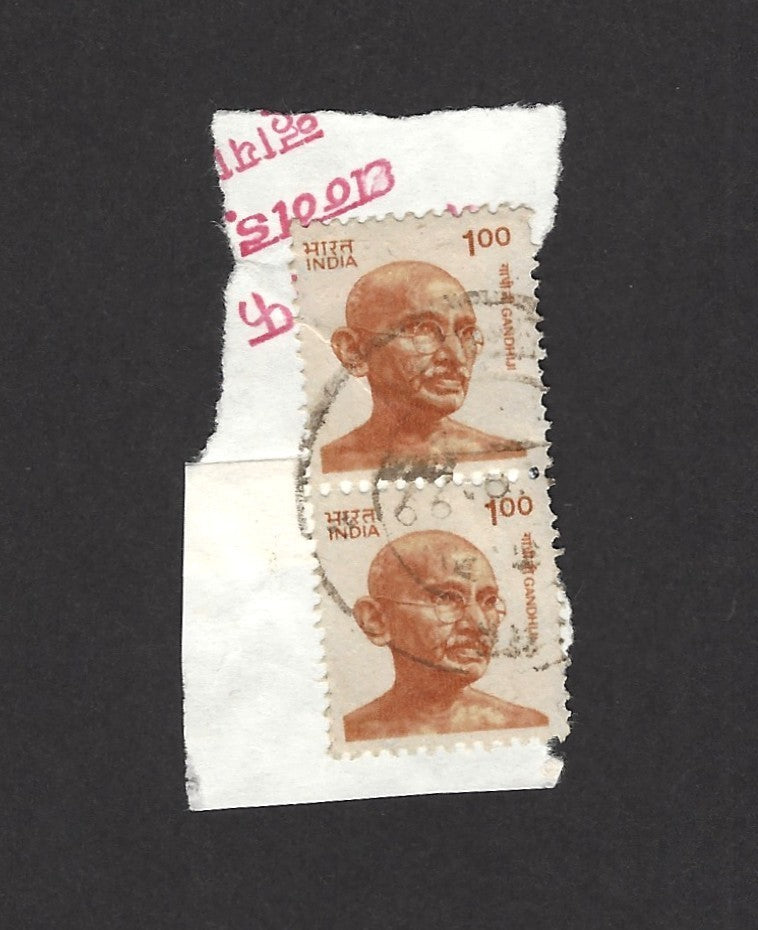 India 1980 Gandhi 100 postal forgery x 2 used on piece