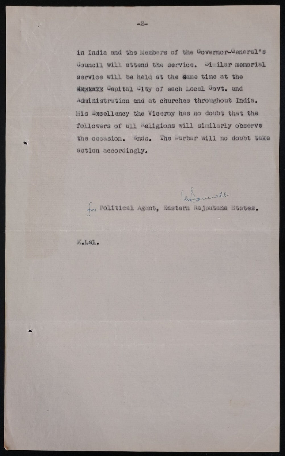 India 1936 signed Political Agent E Rajputana : KGV DEATH MOURNING INSTRUCTIONS