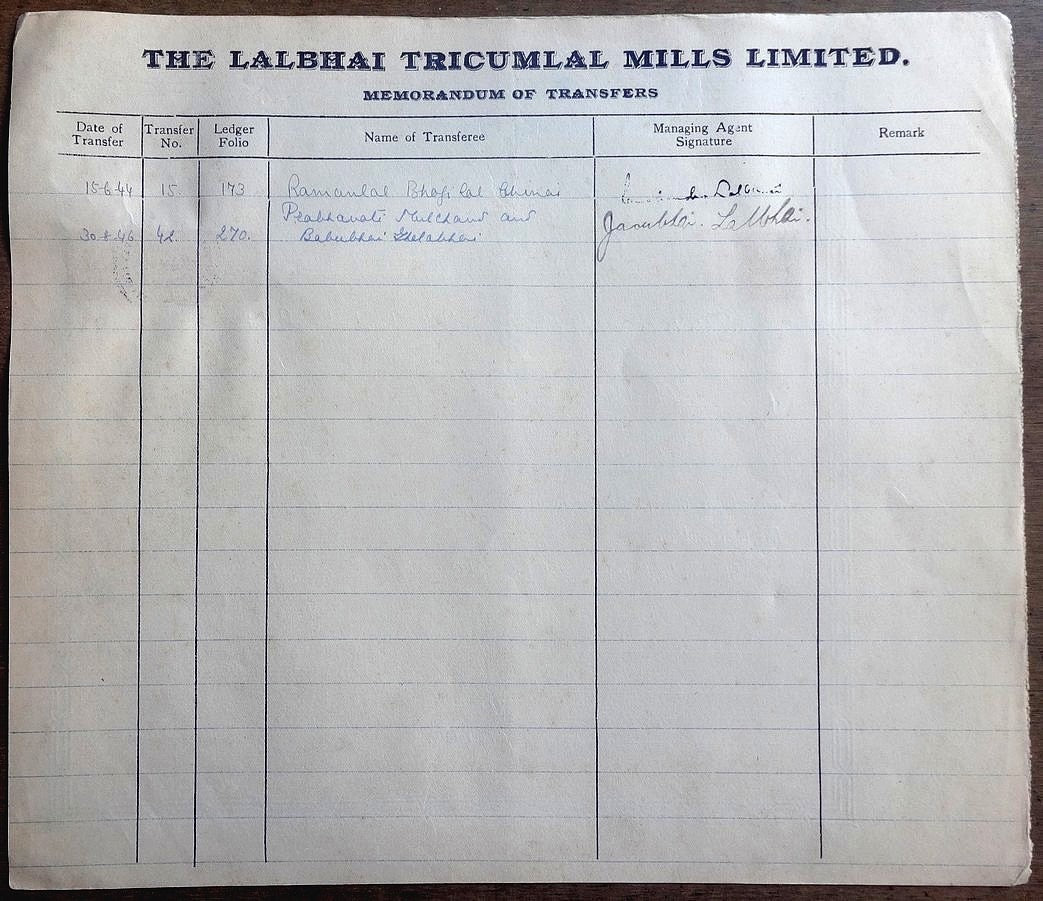 India Lalbhai Tricumlal Mills Ltd 1944 share certificate wi stamps