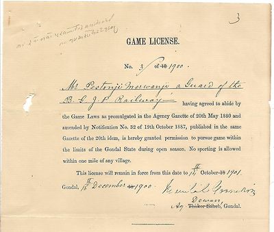 India 1900 Gondal Game Licence.