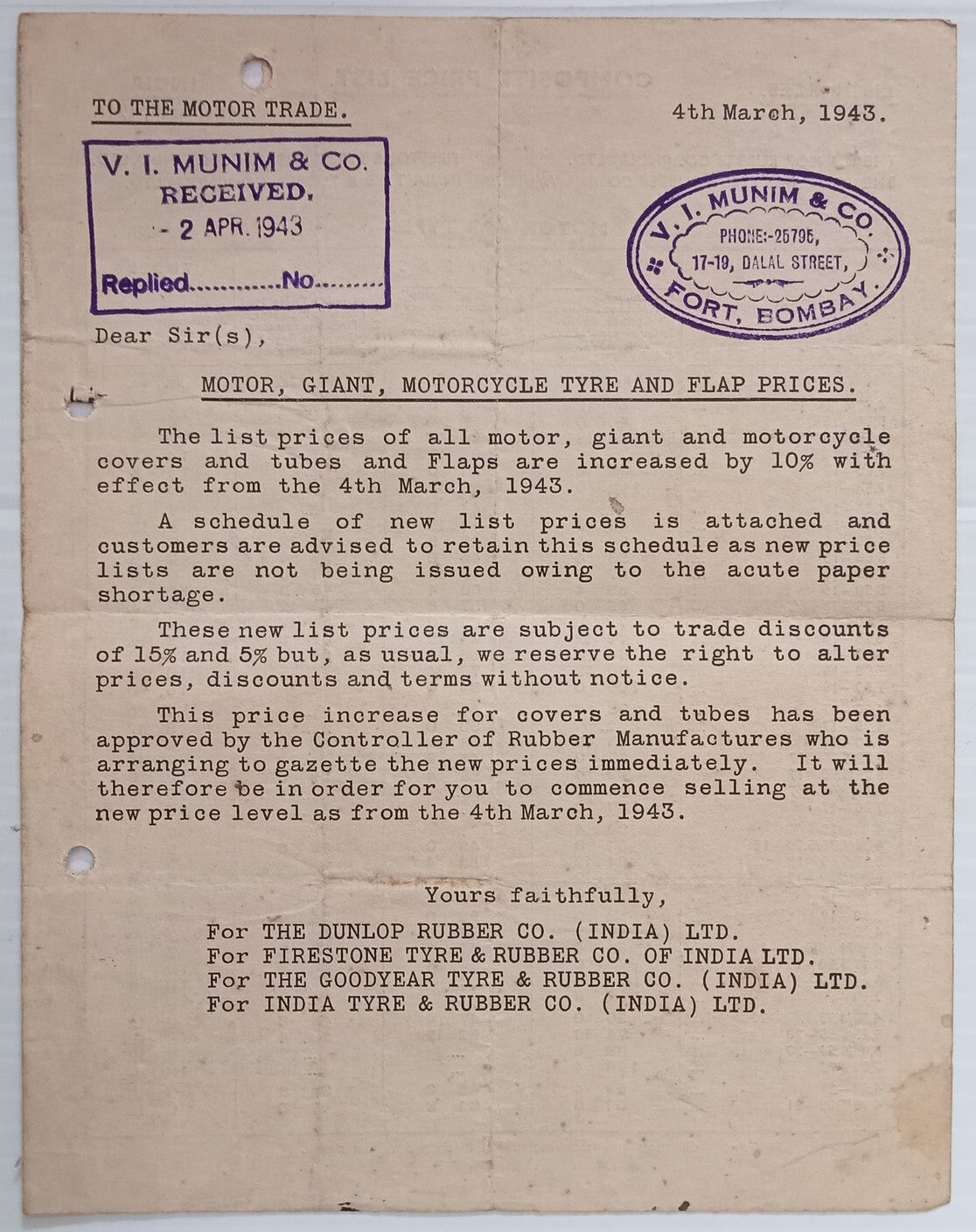 AOP India 1943 DUNLOP TYRES 1943 price list