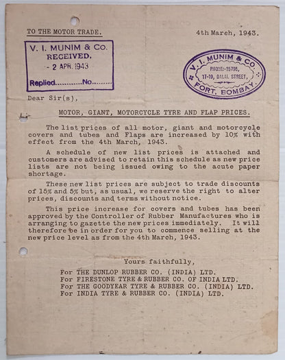 AOP India 1943 DUNLOP TYRES 1943 price list