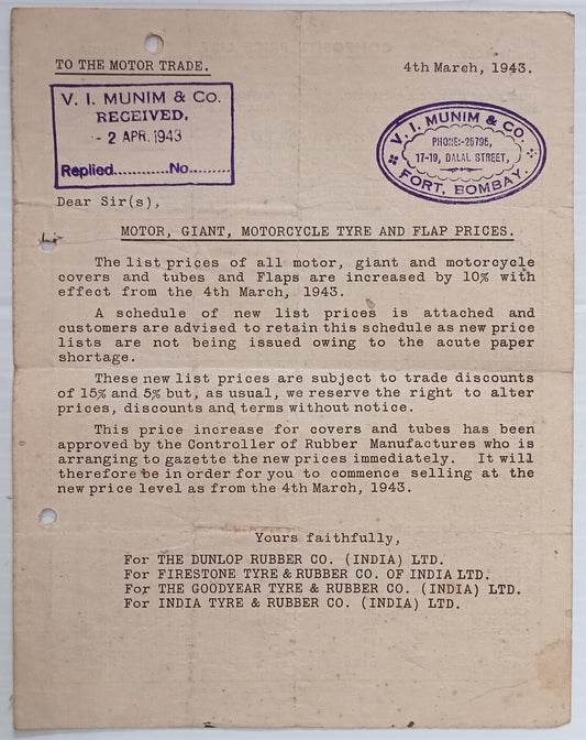 AOP India 1943 DUNLOP TYRES 1943 price list
