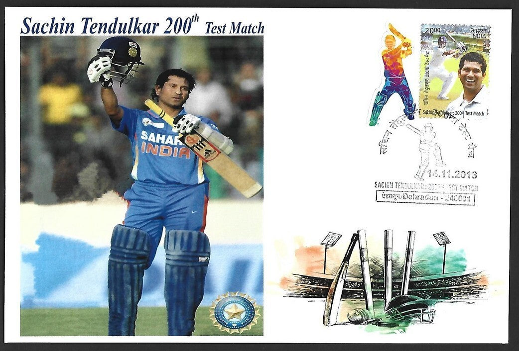 CRICKET India 2013 Sachin Tendulkar 200th Test private FDC with diecut label
