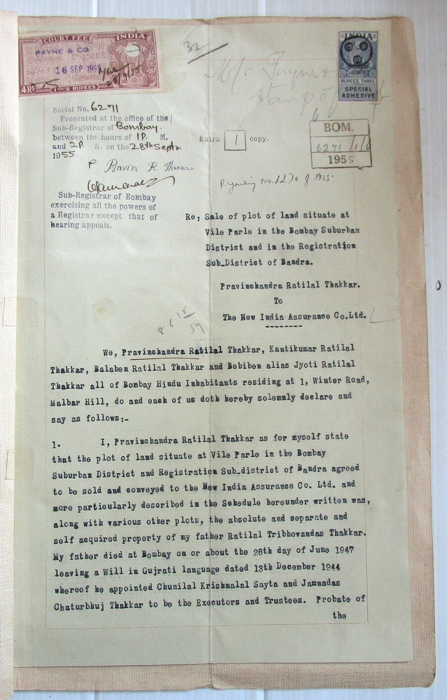 India 1955 Declaration document with Special Adhesive Large Capital 3R, etc