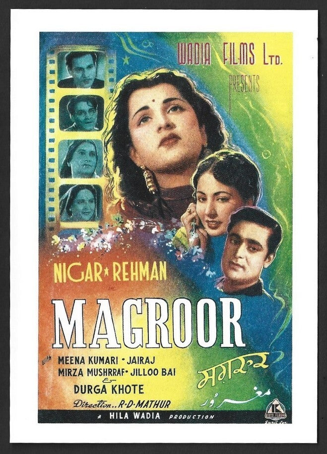 India Bollywood Wadia Movietone pc showing poster of MAGROOR Meena Kumari, Nigar