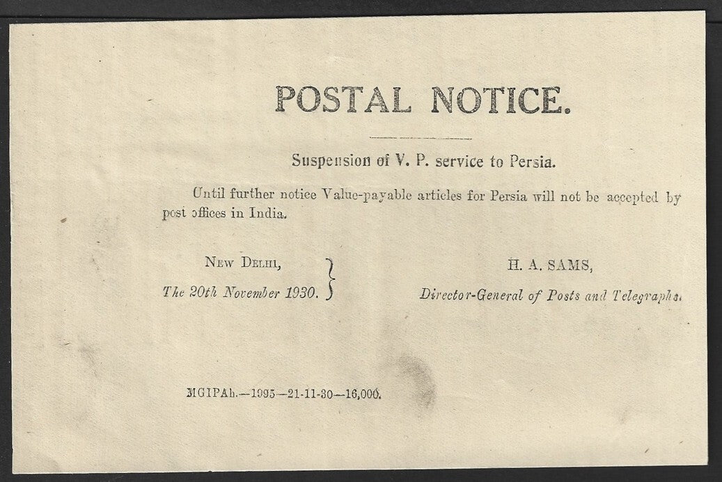 India POSTAL NOTICE 20th Nov. 1930 Suspension of V.P. Service to Persia