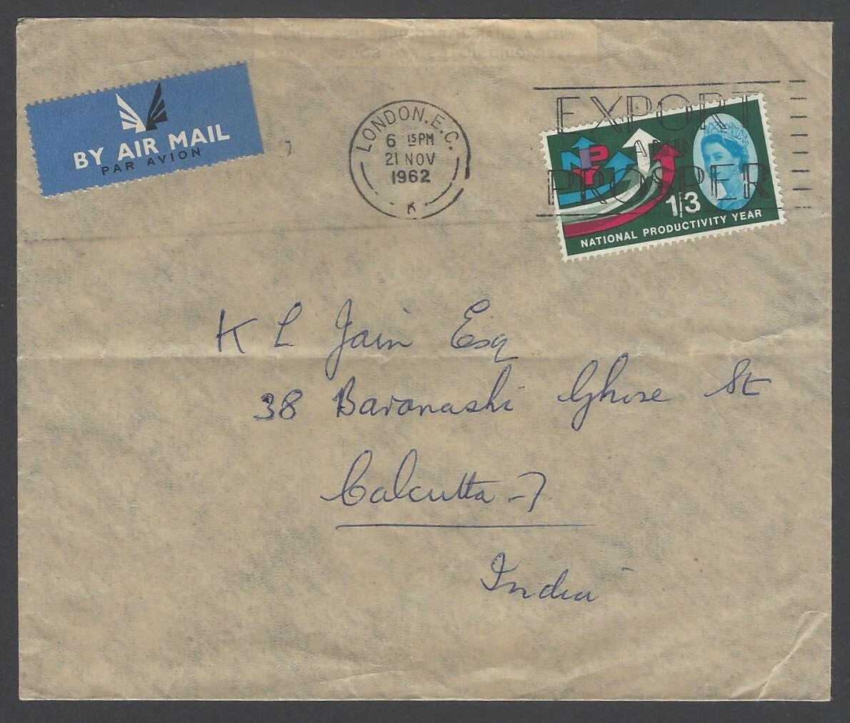 AOPIMT GB 1962 NPY National Productivity Year 1/3 on 1962 airmail to India 