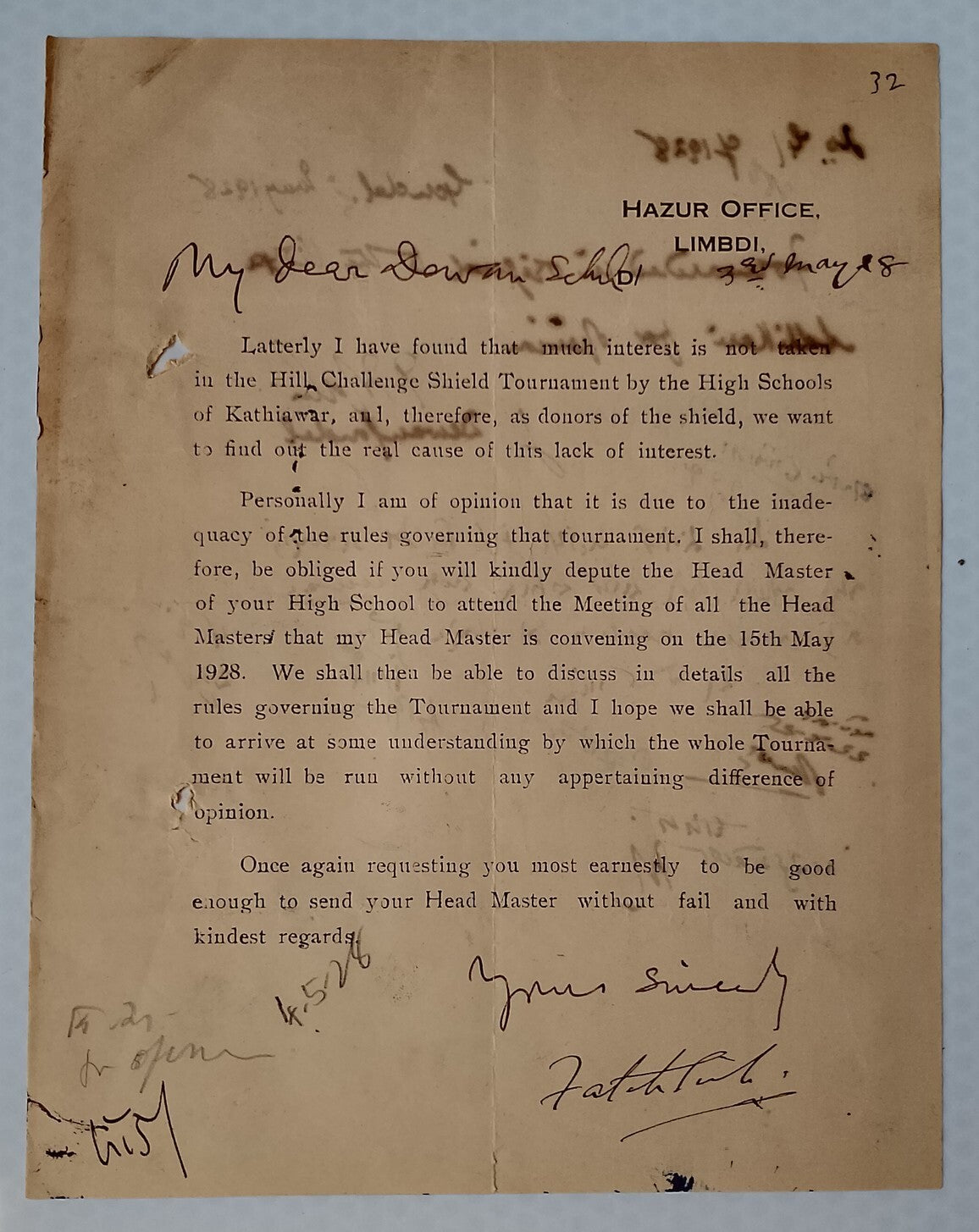 AOP India 1928 printed letter signed Maharaj Of Limbdi Fateh Singh