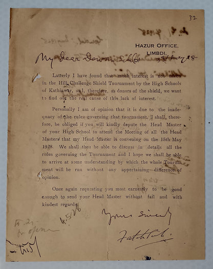 AOP India 1928 printed letter signed Maharaj Of Limbdi Fateh Singh