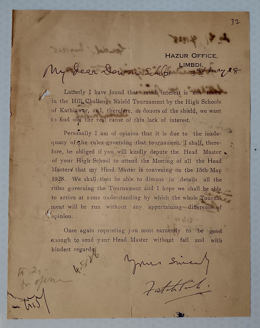 AOP India 1928 printed letter signed Maharaj Of Limbdi Fateh Singh