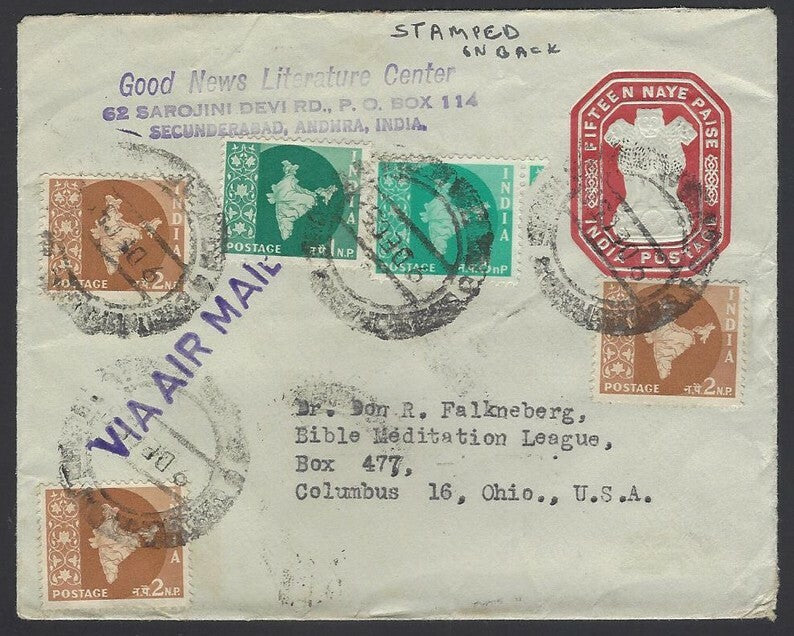 India 15np envelope used 1958 uprated Maps 135np to USA