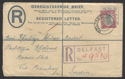 South Africa 4d regist envelope uprated used 1934 BELFAST to Baroda State, India