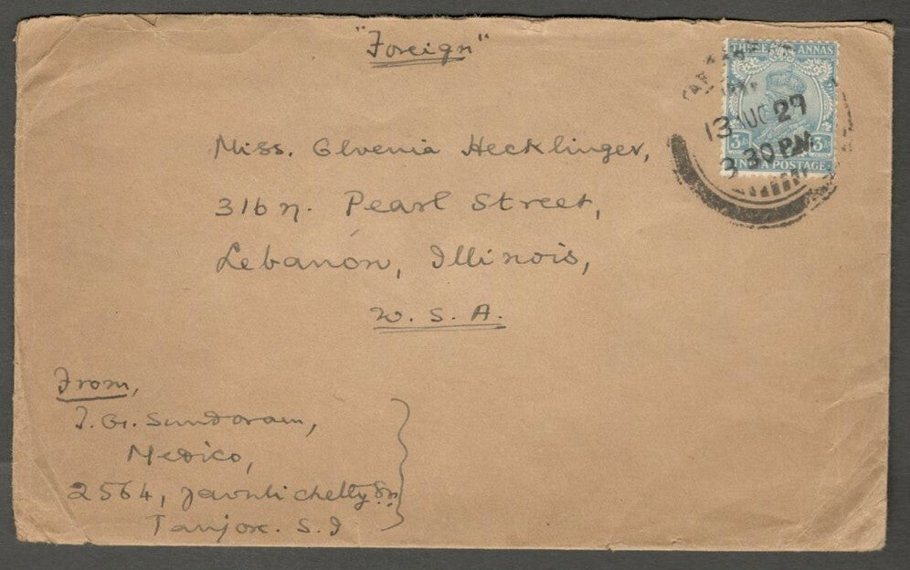AOP India KGV 3a single franking on 1927 cover Tanjore to USA