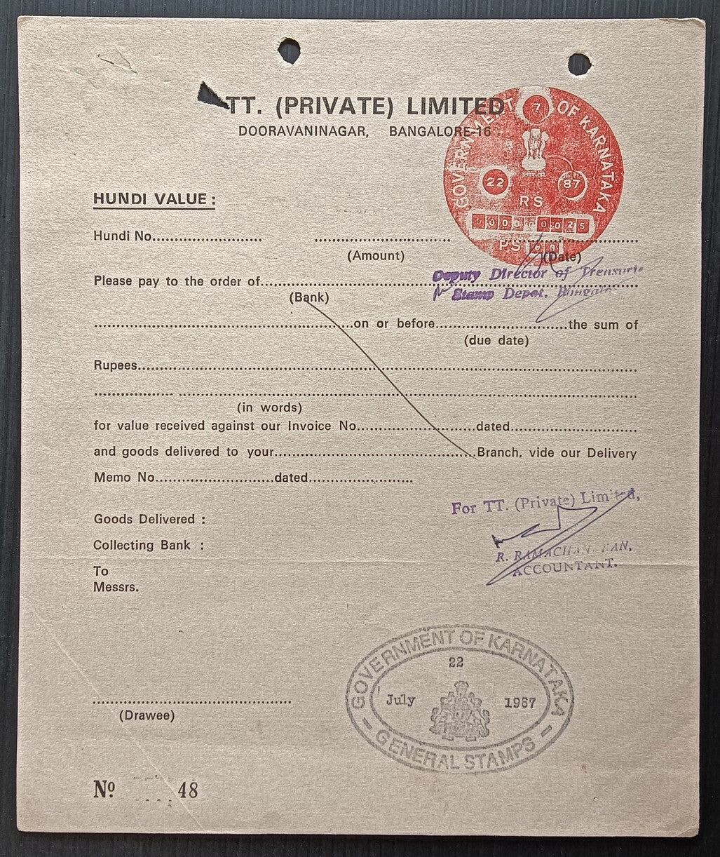 India Government of Karnataka HUNDI (Promissory Note) 25R
