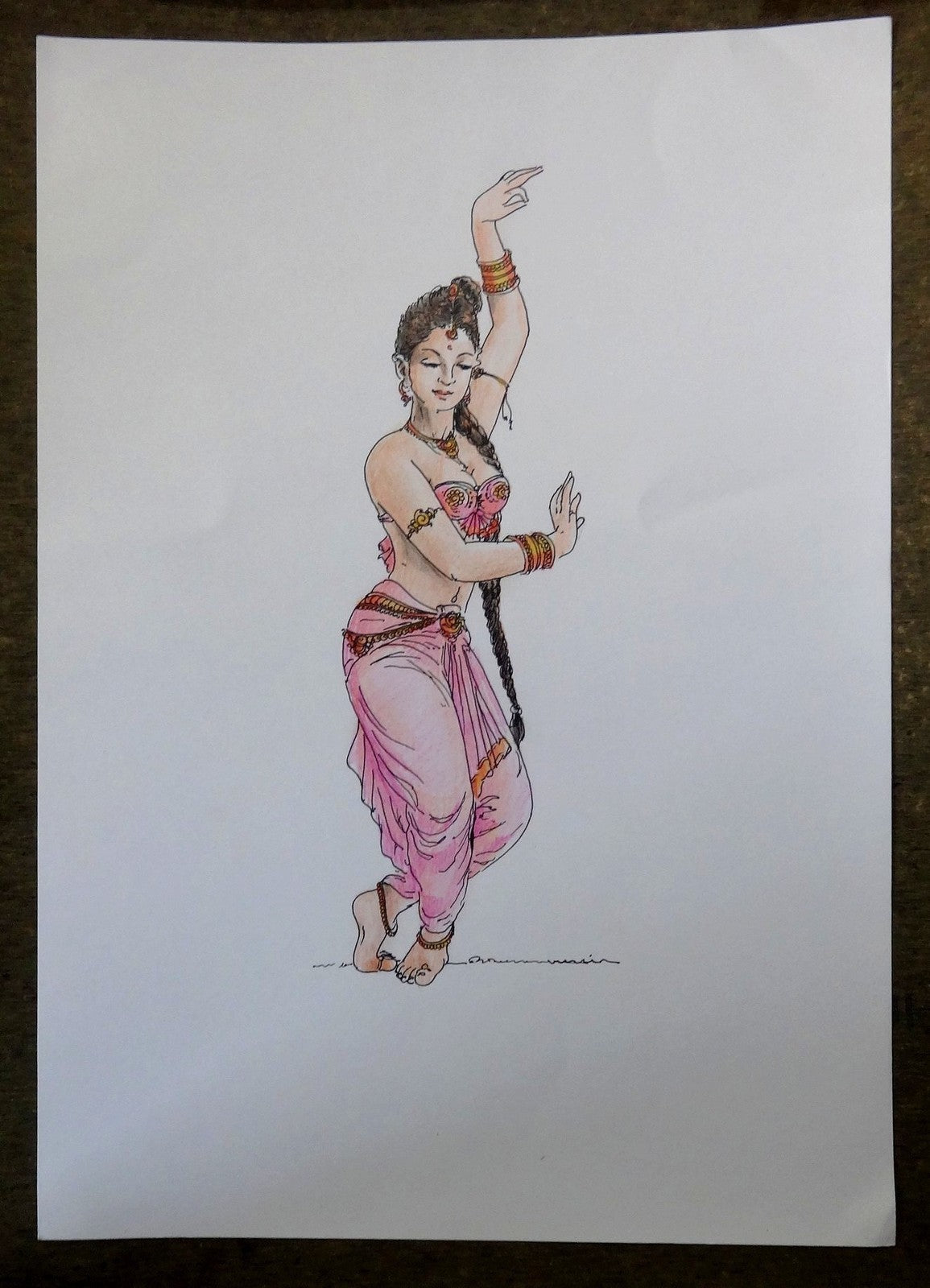 Indian dancing beauty watercolors crayons & ink on card 12''x 17''