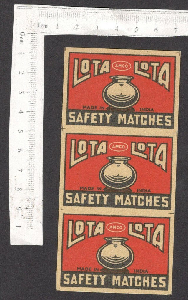 India 1930s-40s matchbox label LOTA uncut strip of 3 labels