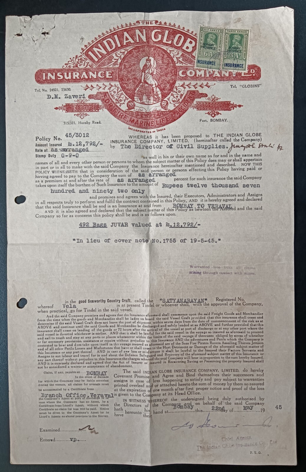 Indian GLOBAL INSURANCE COMPANY 1945 Insurance Policy