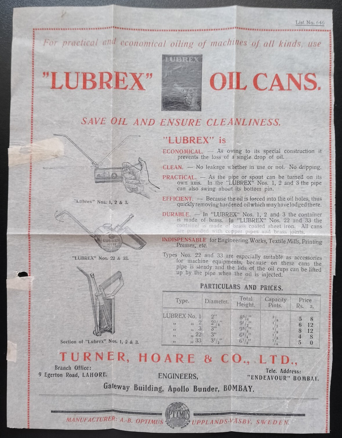 (AOP) Sweden A.B. OPTIMUS LUBREX OIL CANS advertisement flyer for India