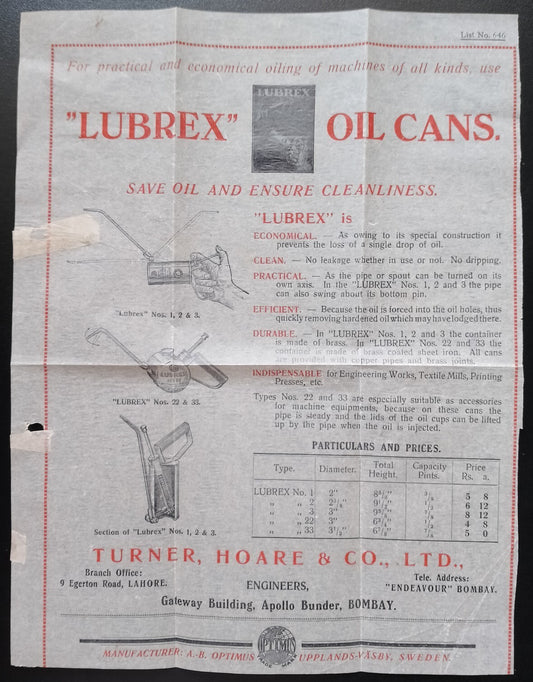 (AOP) Sweden A.B. OPTIMUS LUBREX OIL CANS advertisement flyer for India