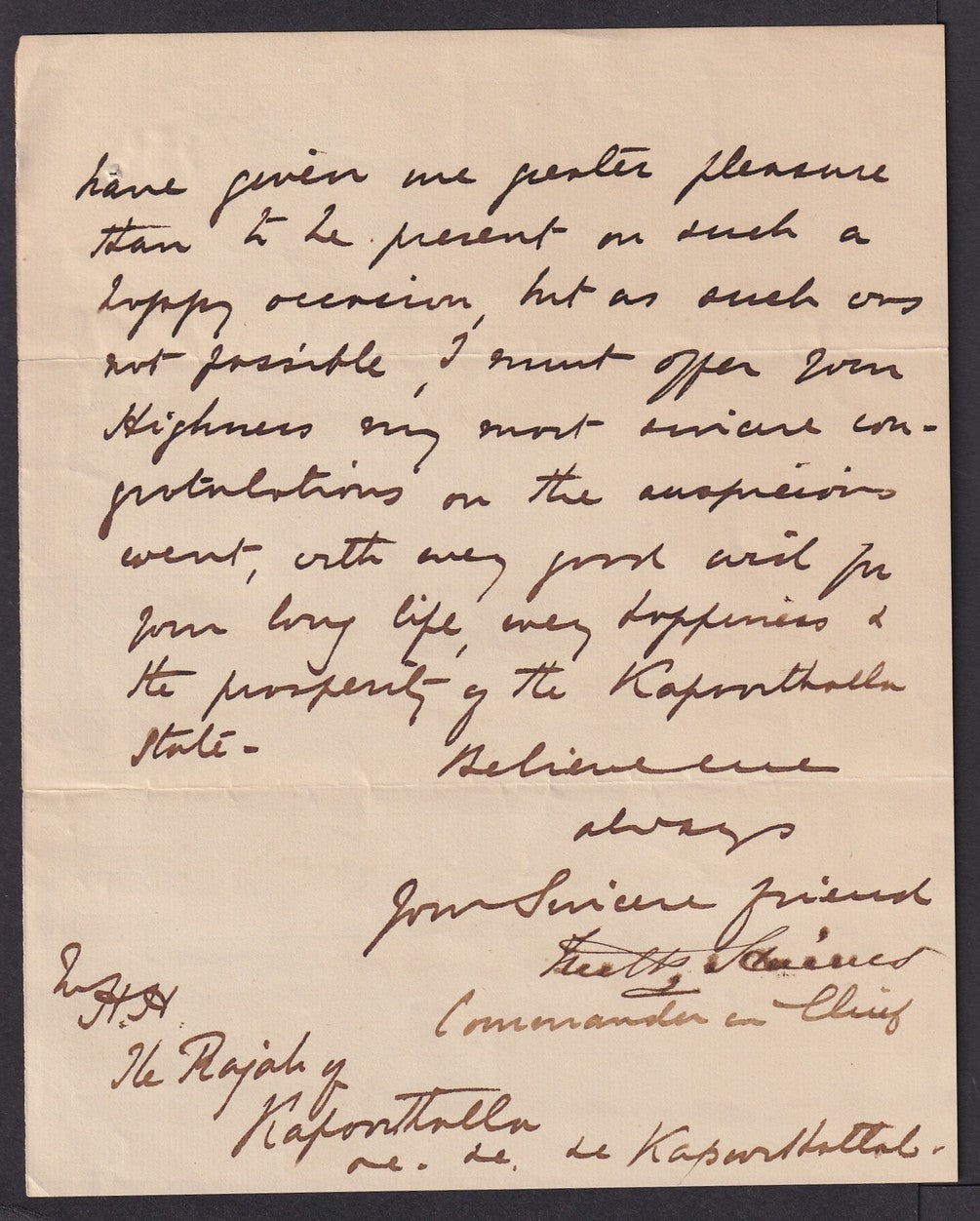 GOVERNMENT OF INDIA 1877 crested letter signed Commander in Chief Sir F P Haines