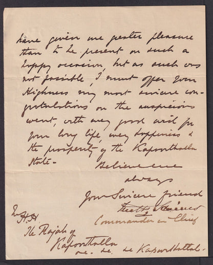 GOVERNMENT OF INDIA 1877 crested letter signed Commander in Chief Sir F P Haines