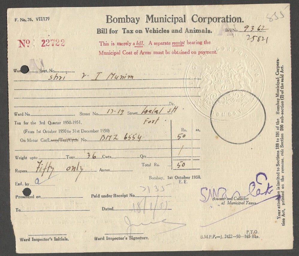 AOP India 1951 Bombay Municipal Corporation BILL FOR TAX ON VEHICLES AND ANIMALS