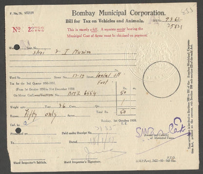 AOP India 1951 Bombay Municipal Corporation BILL FOR TAX ON VEHICLES AND ANIMALS