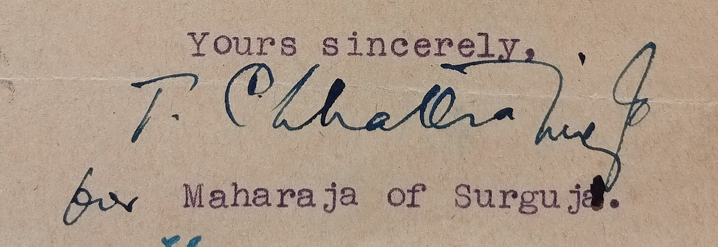 India 1944 letter signed Maharaja of Surguja State