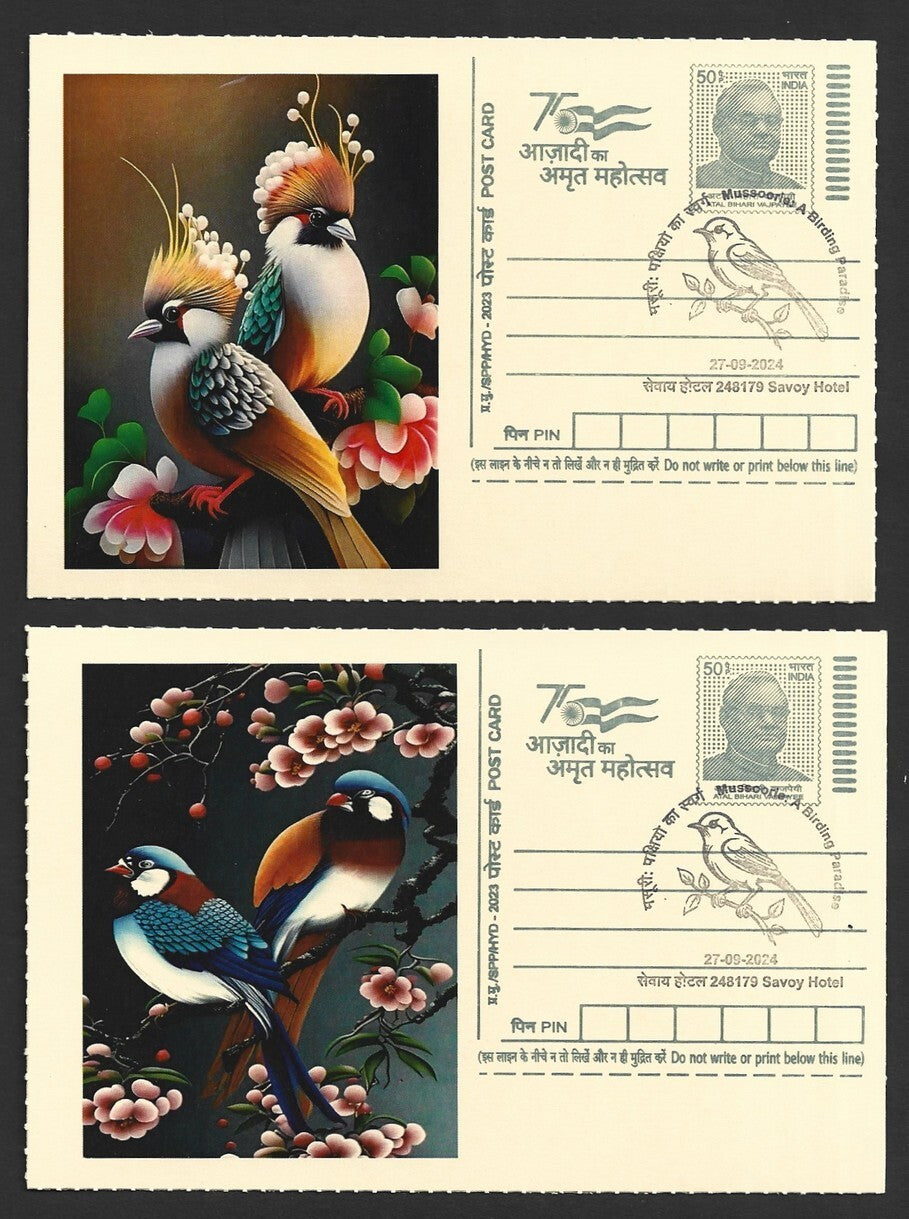 India 2024 Birding Paradise Savoy Hotel postmarks on cards BIRD PAINTINGS (10)