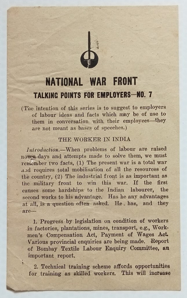 AOP WW2 National War Front leaflet THE WORKER IN INDIA