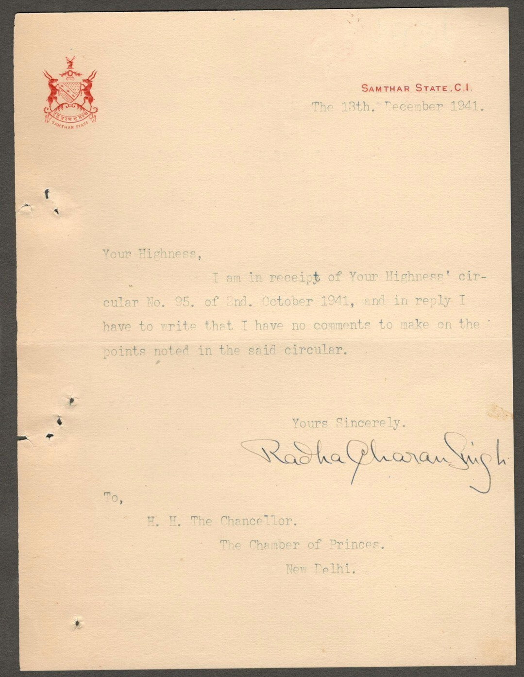 (AOP) SAMTHAR STATE India 1941 crested letter signed Maharaja Radha Charan Singh