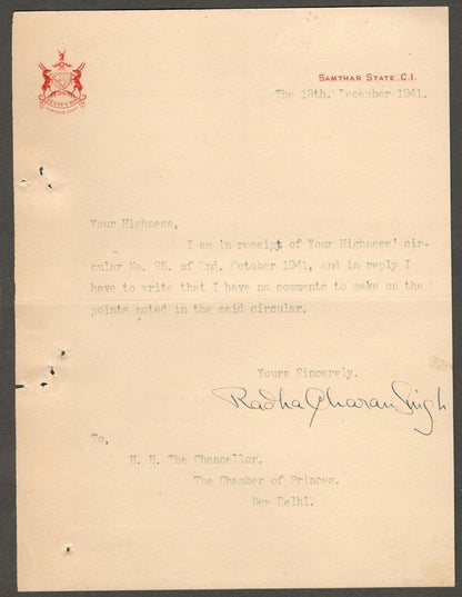 (AOP) SAMTHAR STATE India 1941 crested letter signed Maharaja Radha Charan Singh
