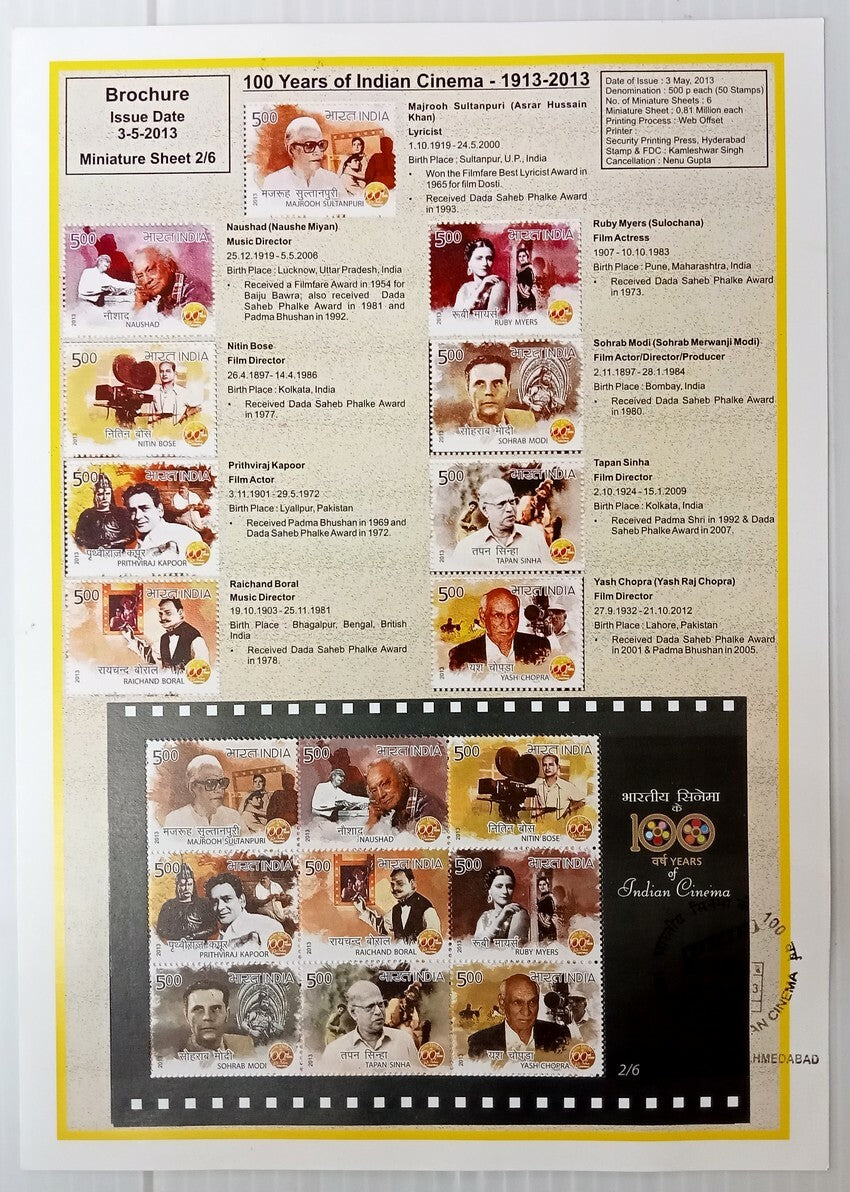 AOP India 2003 100 Years of Cinema sheetlets set of 6 on 6 information brochures