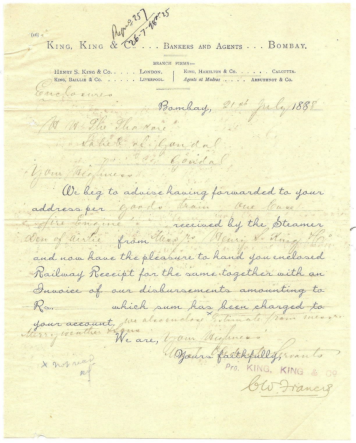 India 1898 Fire Engine for Gondal state documents