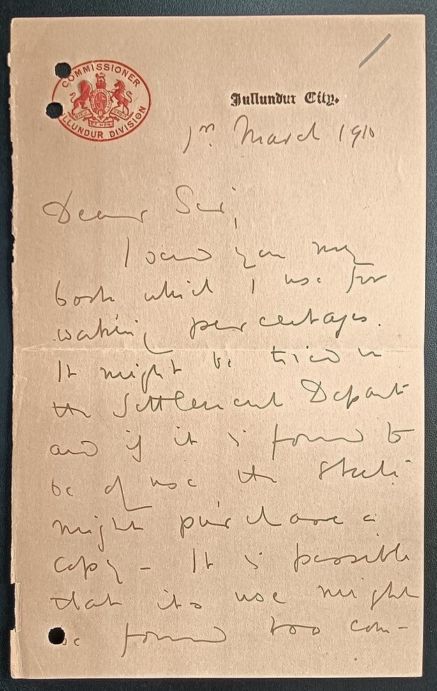 India 1910 crested letter COMMISSIONER, JULLUNDUR DIVISION