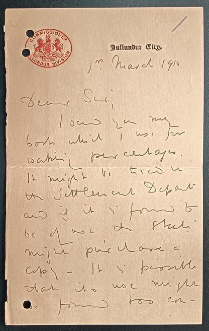 India 1910 crested letter COMMISSIONER, JULLUNDUR DIVISION