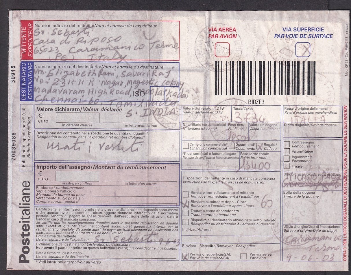 Italy 2003 parcel card to India with Euro 6.20 block of 6, etc.